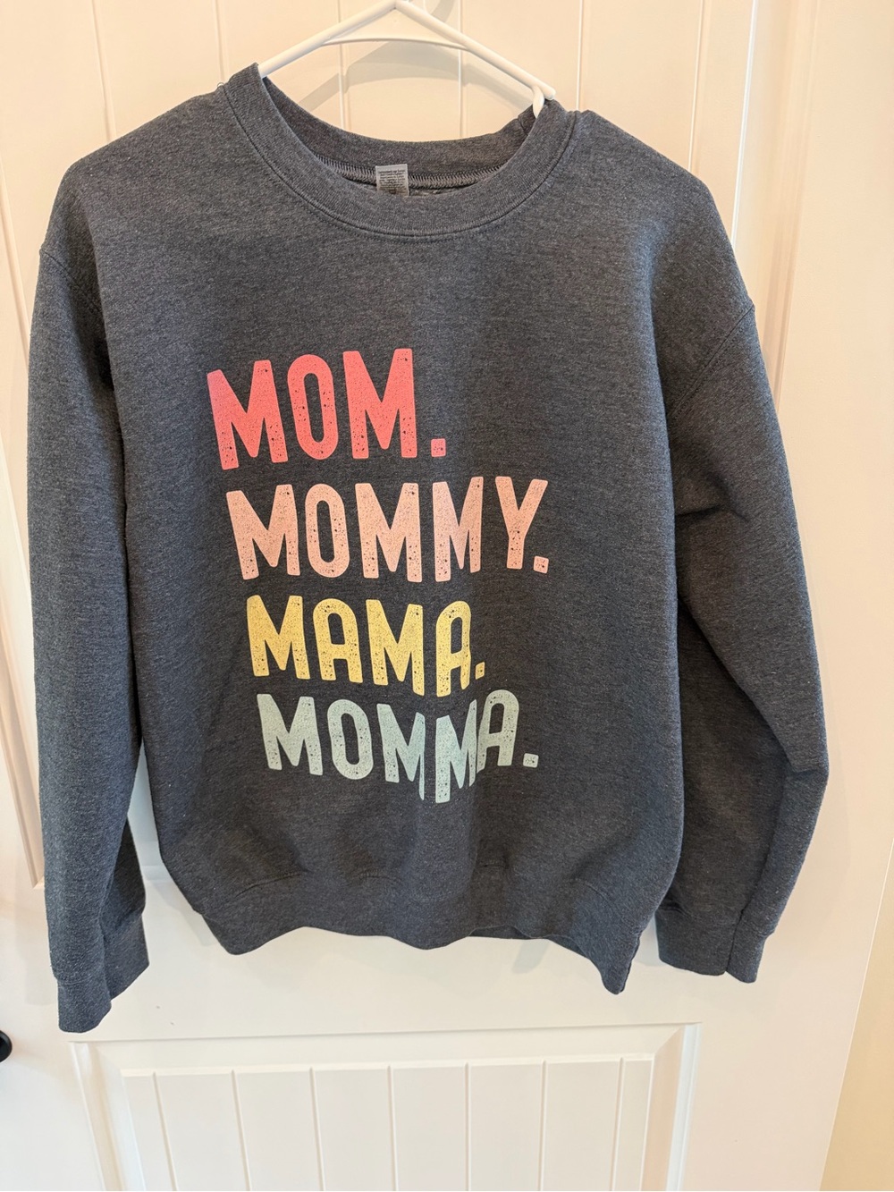 Mom. Mommy. Mama. Momma. Graphic Sweatshirt - Charcoal with Pastel Text
